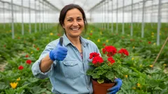Donna in serra con vaso di fiori rossi sorride e mostra pollice in su, coltivazione piante.